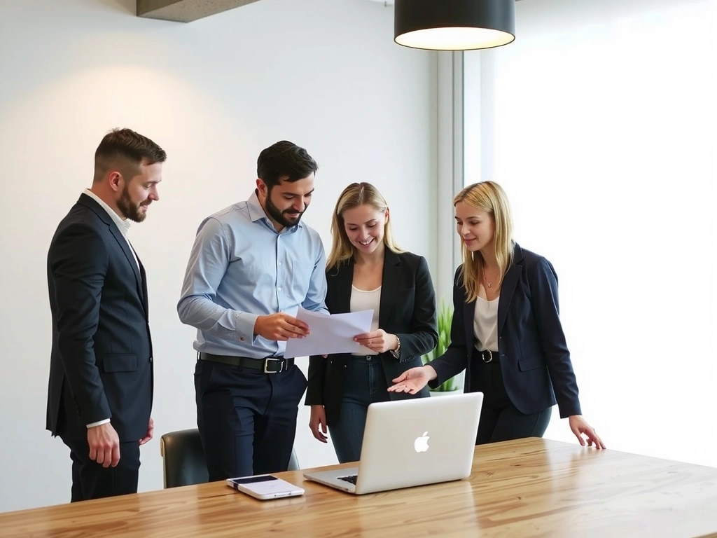 Echipa Cleaning Group discutând strategii de curățenie într-un birou modern și luminos, cu un laptop deschis pe masă