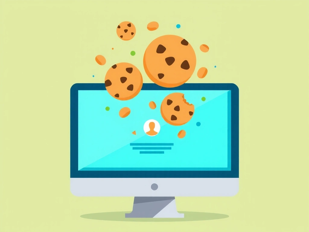 Ilustrație abstractă cu cookie-uri digitale și date care plutesc în jurul unui ecran de computer