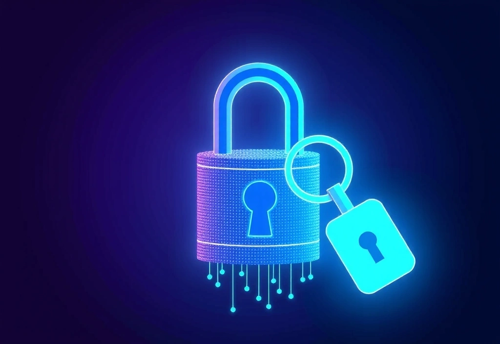 Ilustrație cu un lacăt digital și o cheie, simbolizând securitatea cibernetică și protecția datelor