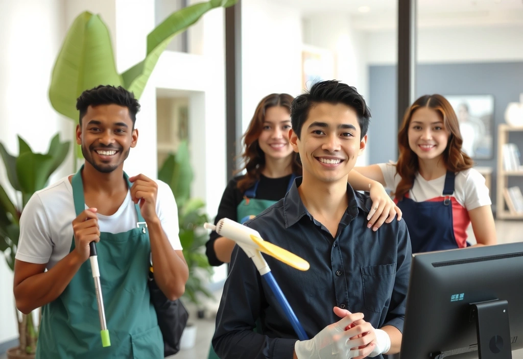 Echipă de curățenie zâmbind în timpul lucrului