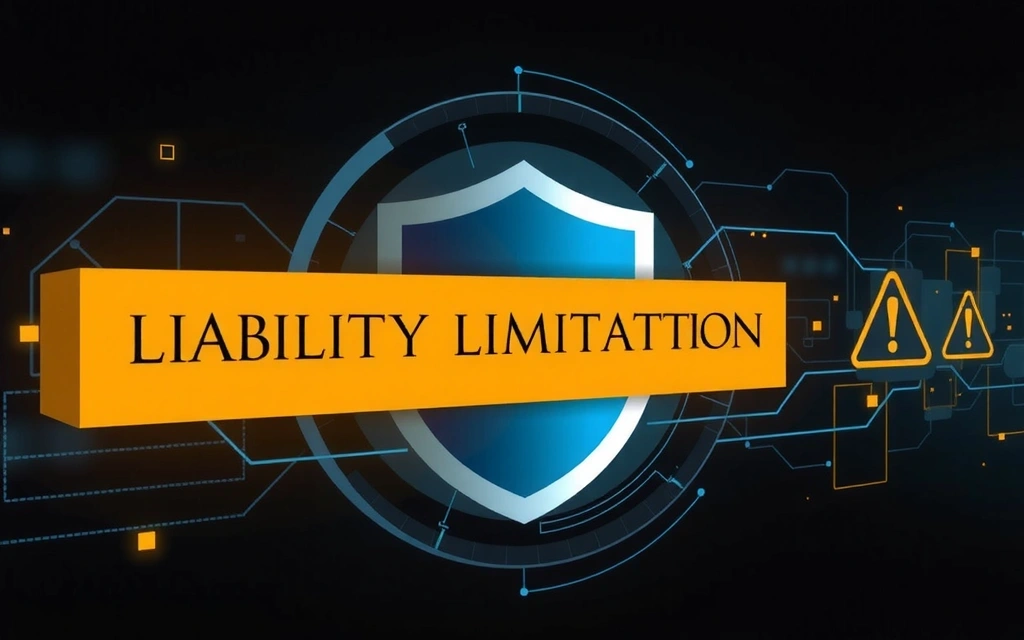 Ilustrație metaforică a limitării răspunderii, cu un scut protector și simboluri de avertizare, într-un stil digital futuristic.
