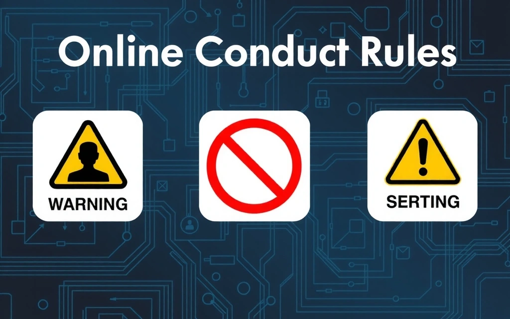 Ilustrație a regulilor de conduită online, cu simboluri de avertizare și interdicție pe un fundal digital stilizat.