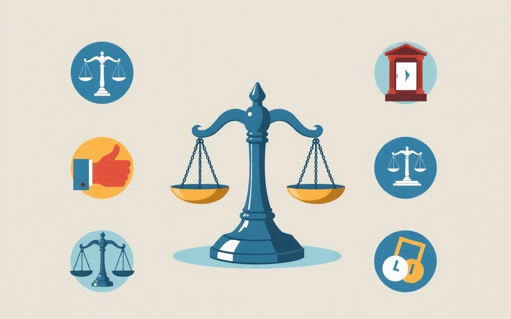 Ilustrație a balanței justiției și a legislației, cu elemente grafice care sugerează echitate și soluționare legală.